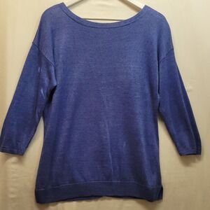 Talbots Womens Medium Sweater Lightweight Linen Blue 3/4Slv Tassel Back Pullover